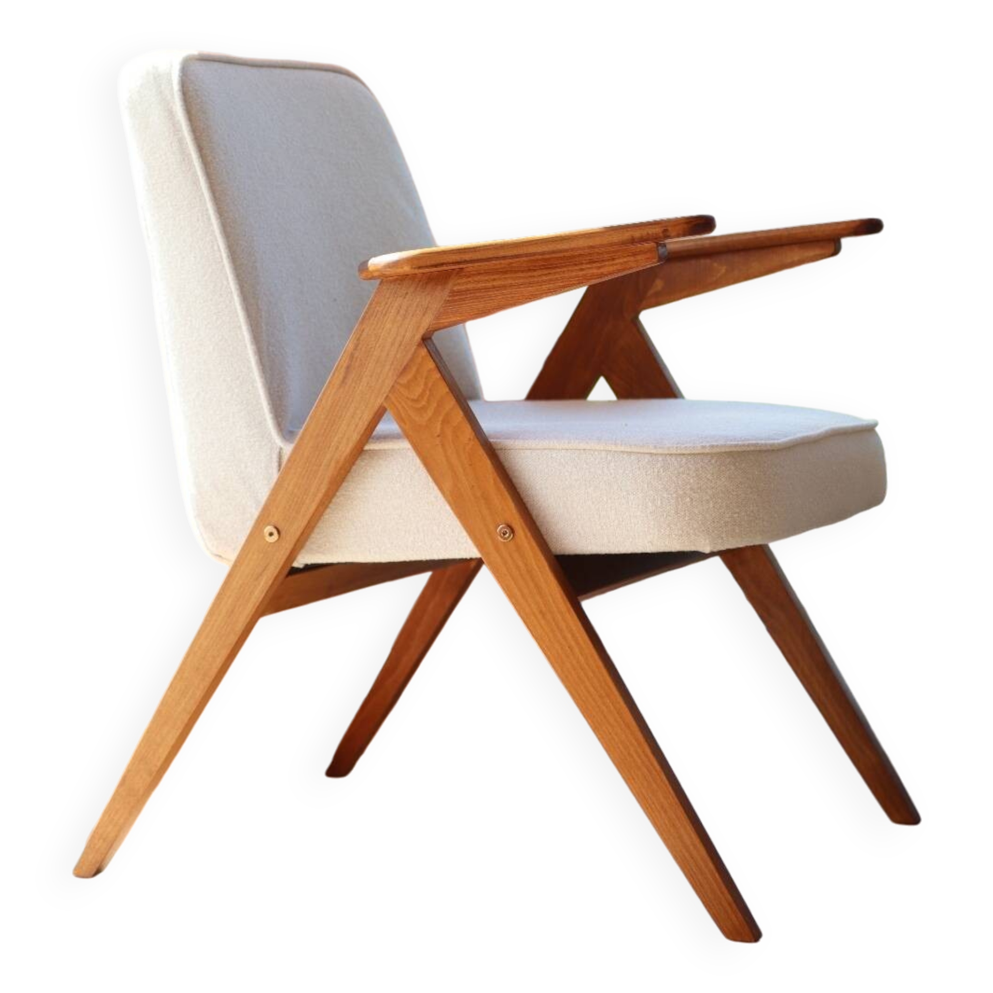 Vintage armchair white curly natural wood boho design by Chierowski 1970