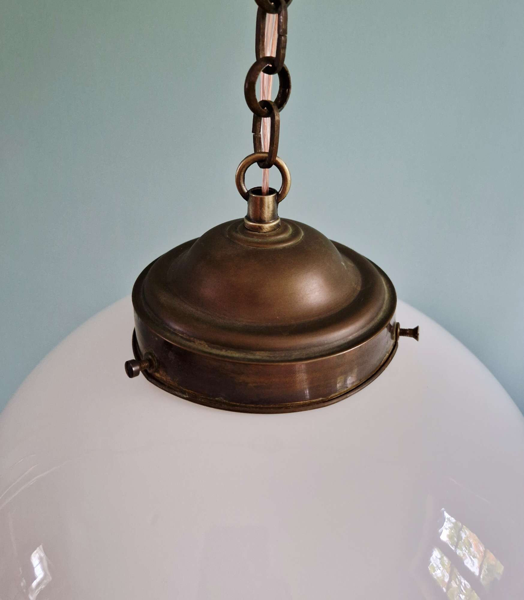 Art Deco pendant light in white opaline and copper frame, 1920s-30s