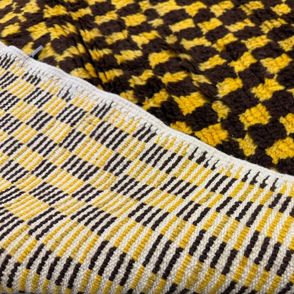 Hand-Knotted Checkered Tulu Rug. 100% Wool. Brown & Mustard Yellow Carpet. Custom Options Available