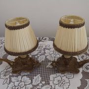 Pair Vintage French Bronze Candlestick Lamps Pleated Fabric Shades