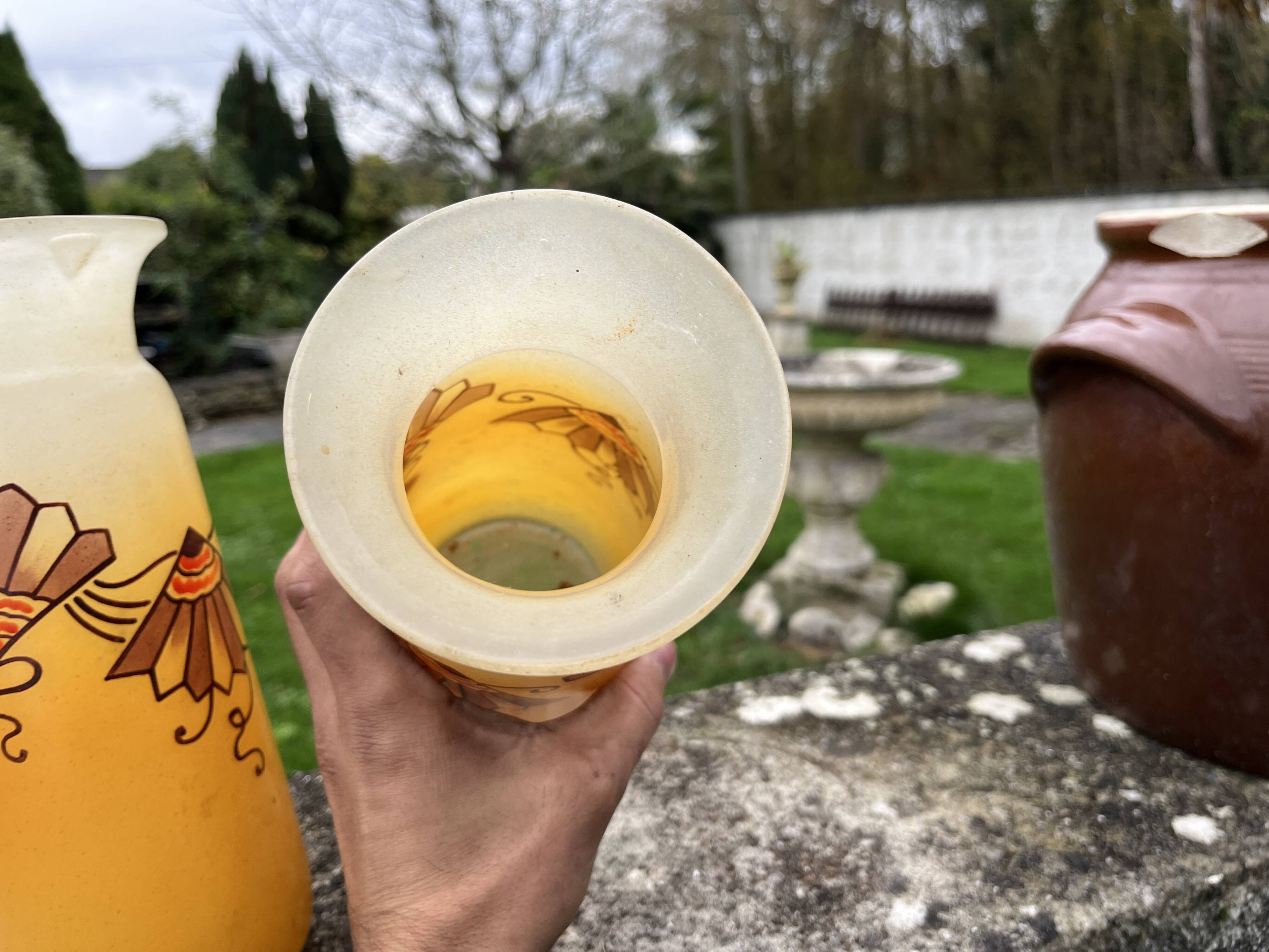 Pair of orange Legras Art Deco enameled glass vases