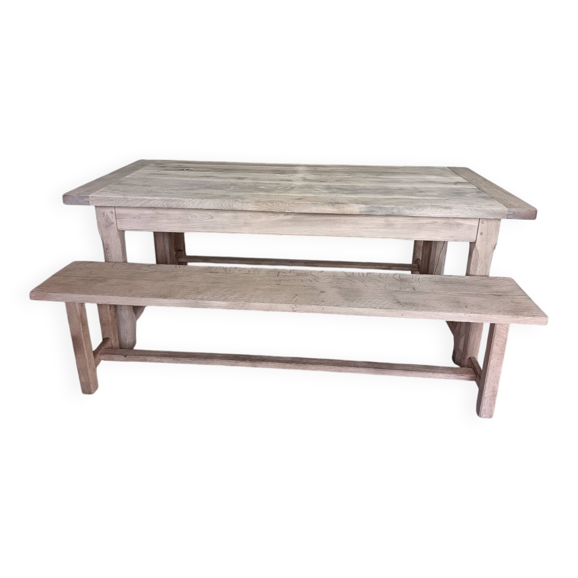 Renovated farmhouse table with 2 drawers and 2 benches