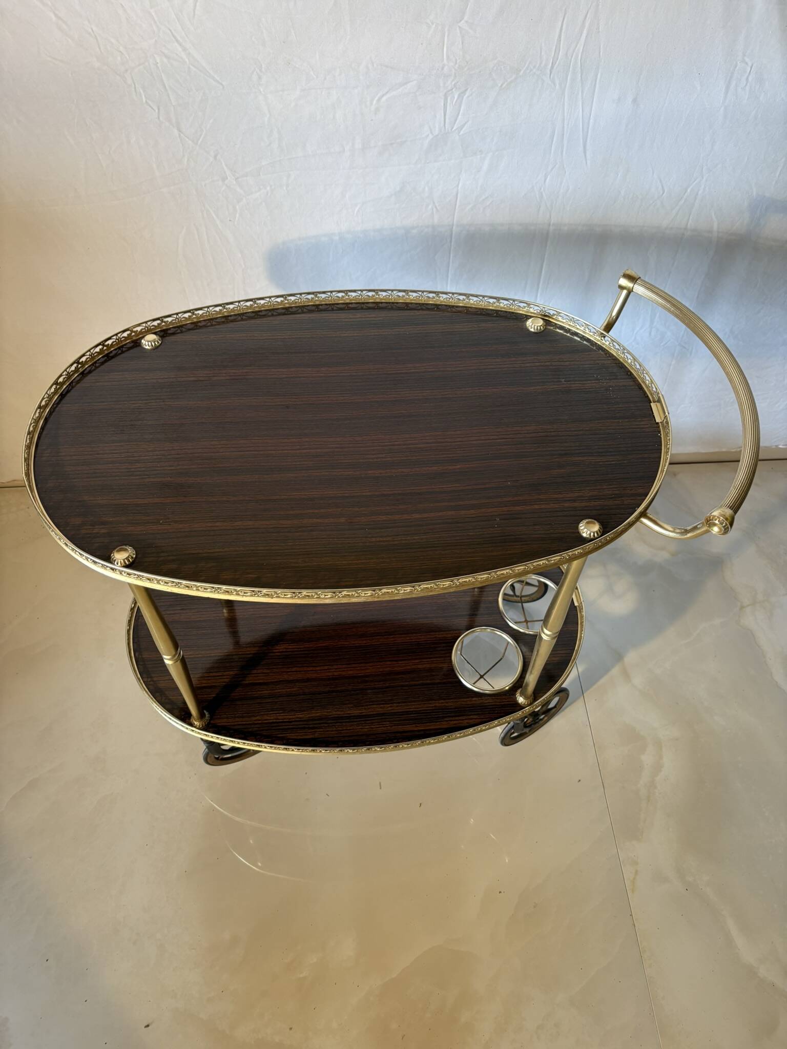Vintage brass and dark wood serving trolley – 1960s