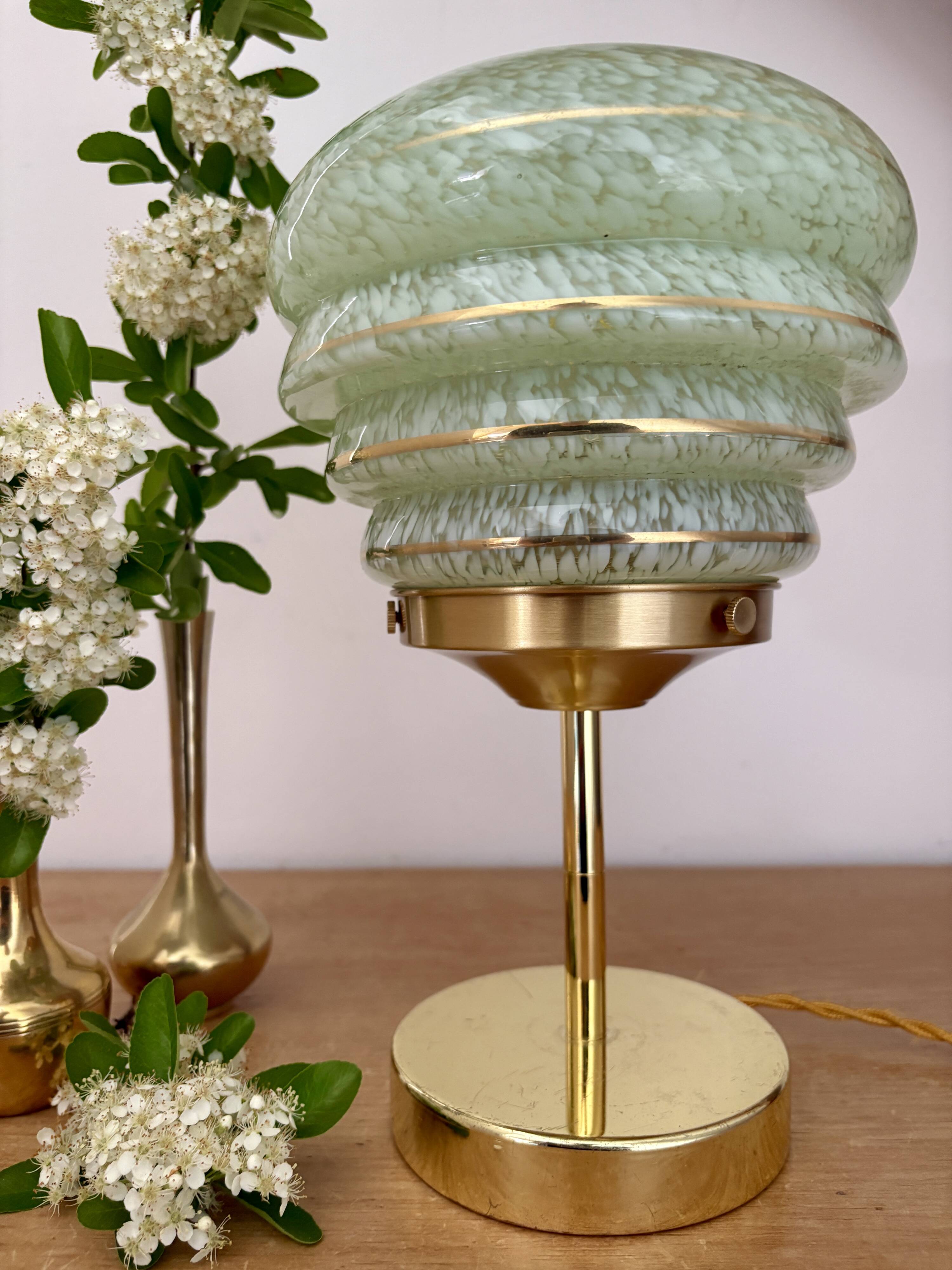 Vintage art deco globe table lamp in green and gold Clichy glass