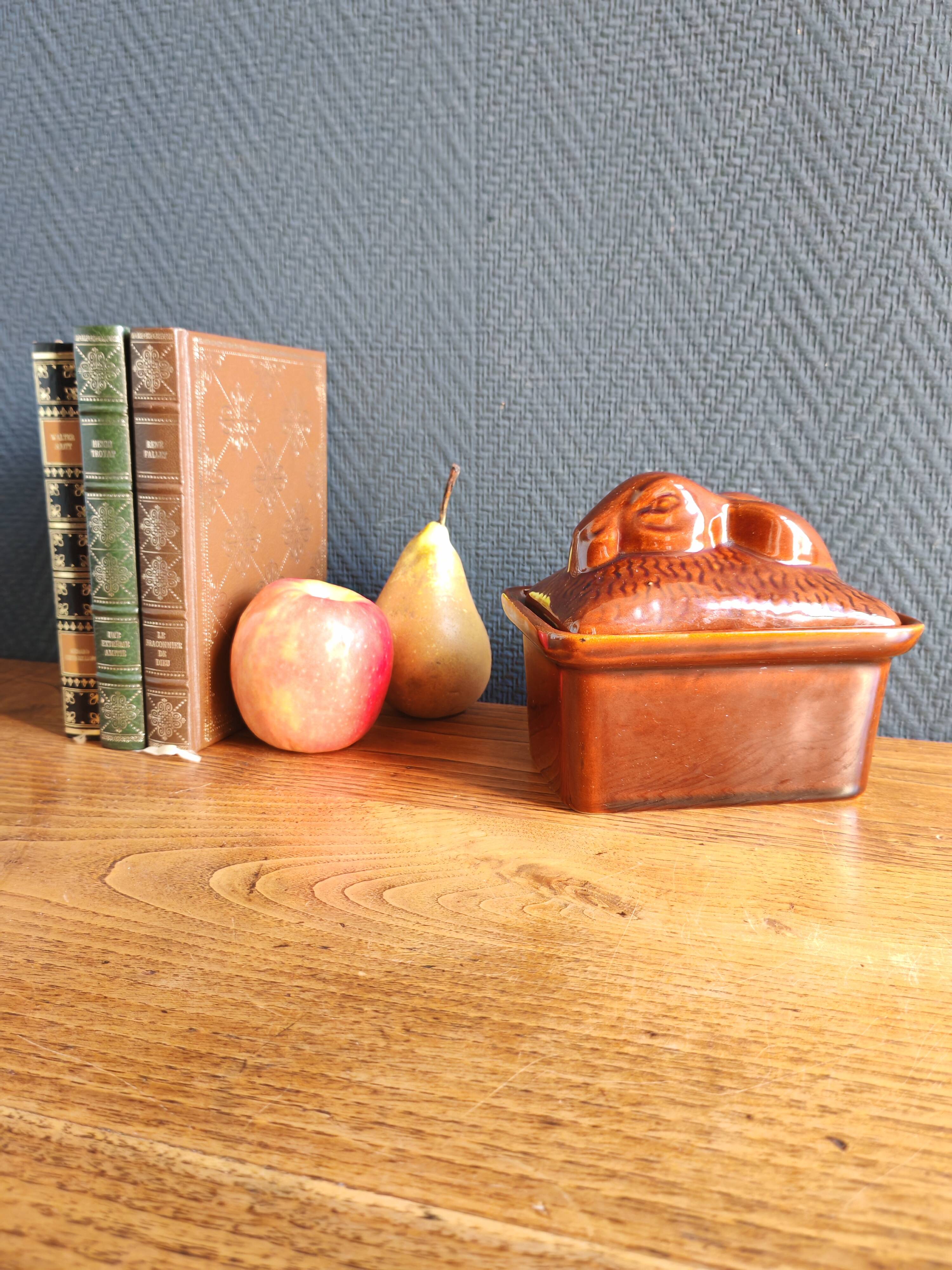 Vintage Rabbit Terrine in Glazed Ceramic - Brown Barbotine