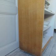Vintage library in oak veneer, pearl grey interior, metal legs.