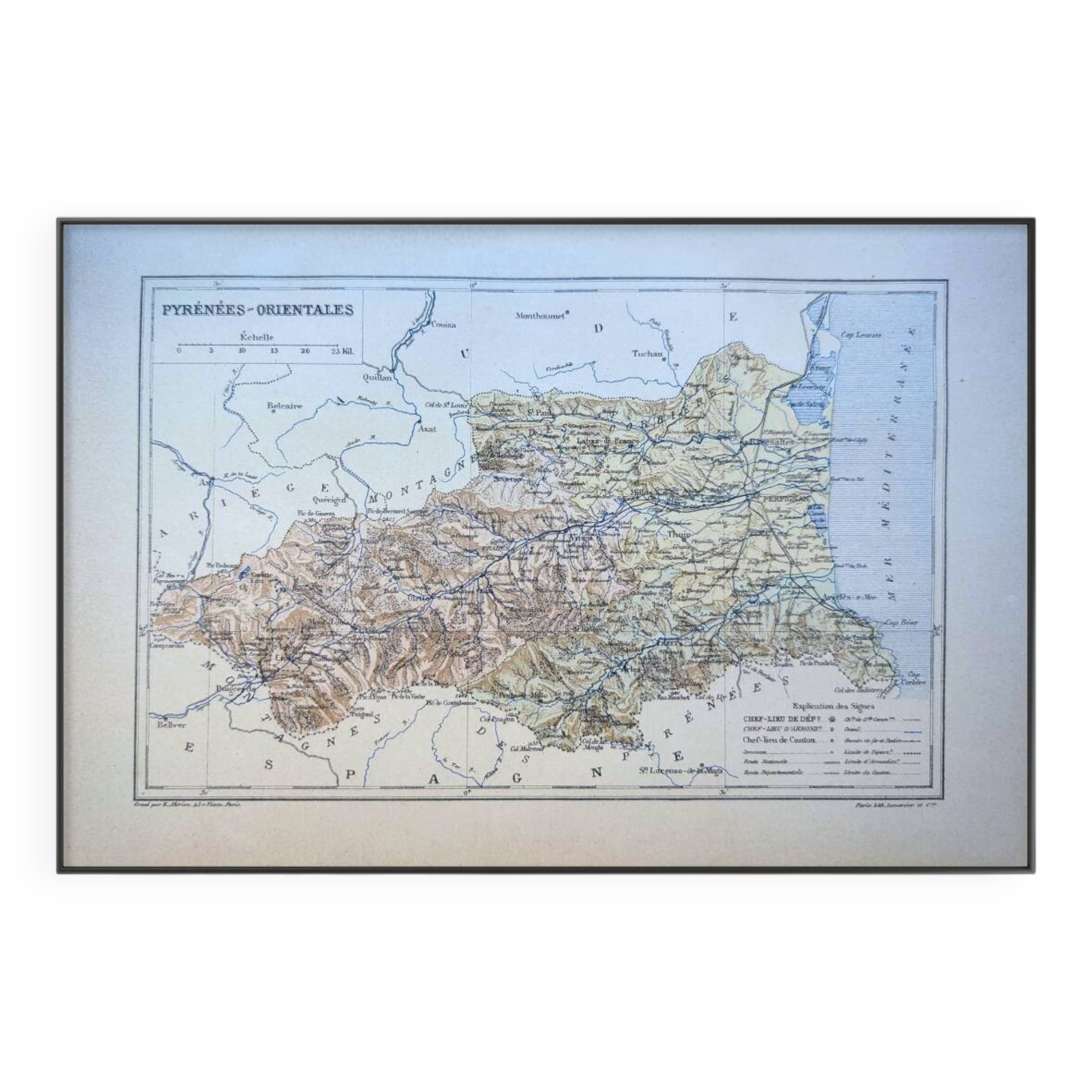 Map of Pyrénées-Orientales, 1889. Authentic Vintage.