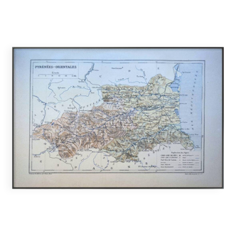 Map of Pyrénées-Orientales, 1889. Authentic Vintage.