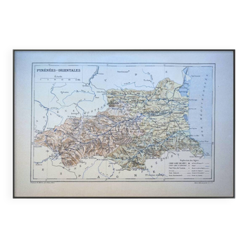Carte des Pyrénées-Orientales, 1889. Authentique Vintage.