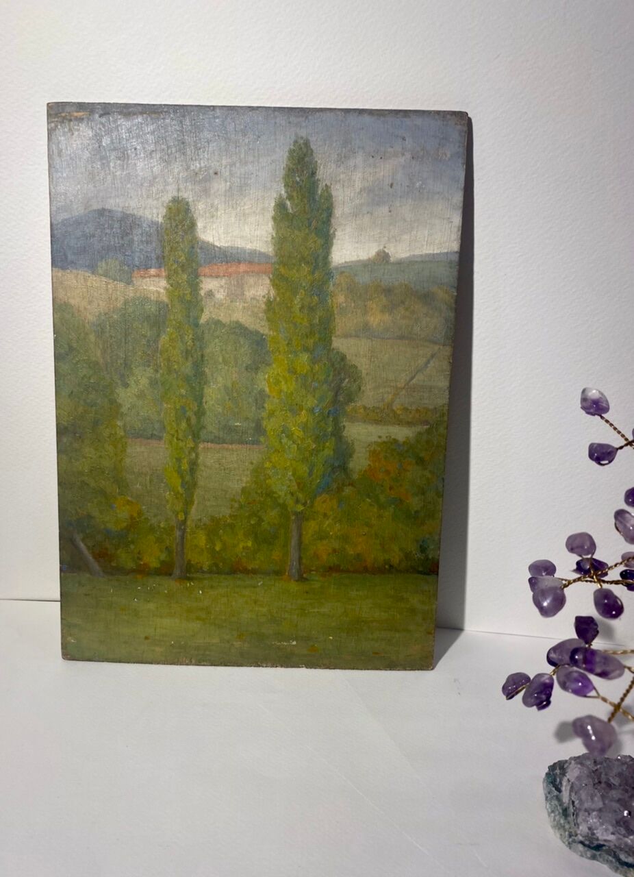 Tableau ancien, double face, paysage bord de Saône, début XX siècle
