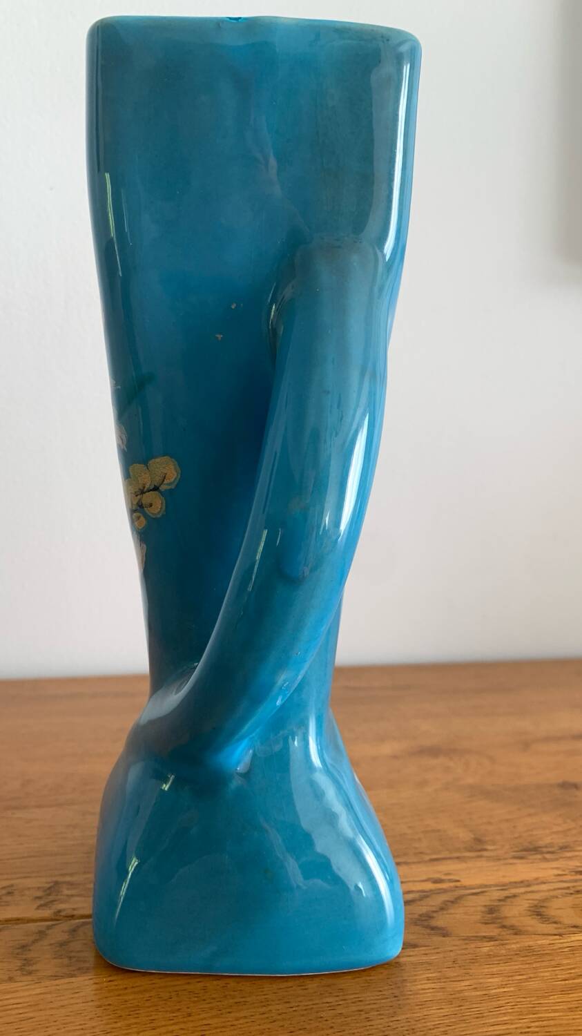 Sculptural vase in azure blue ceramic, hand-painted floral decoration –