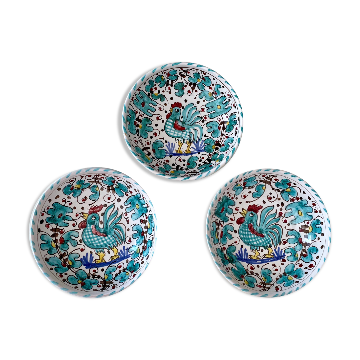 3 ceramic bowls deruta etrusca, green rooster, ceramic bowl italian majolica pottery handpainted