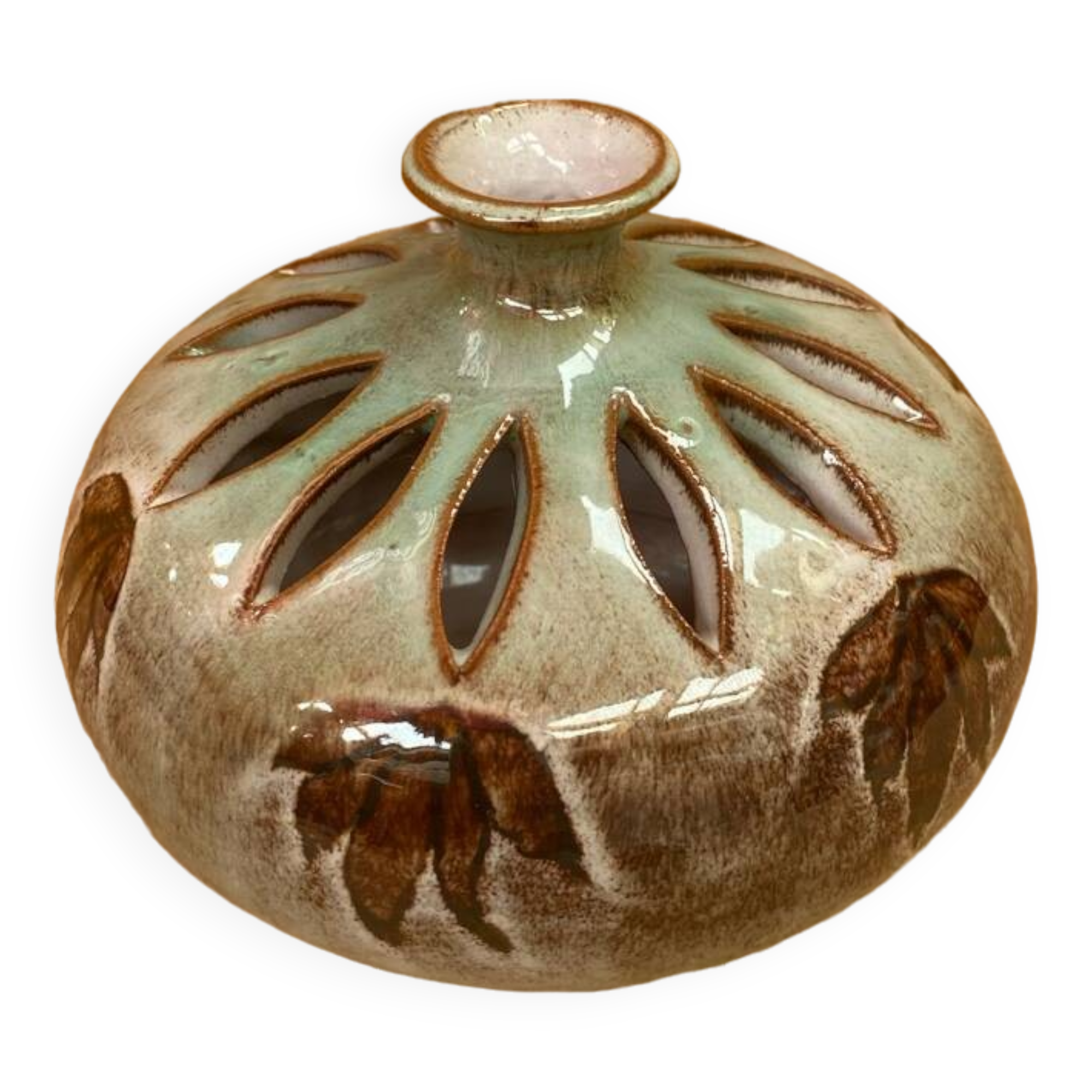 Antique brown glazed ceramic soliflore vase vintage leaf decor