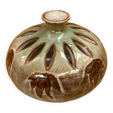 Antique brown glazed ceramic soliflore vase vintage leaf decor