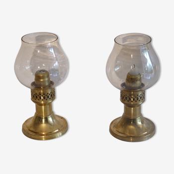 Paire de bougeoirs vintage laiton et verre