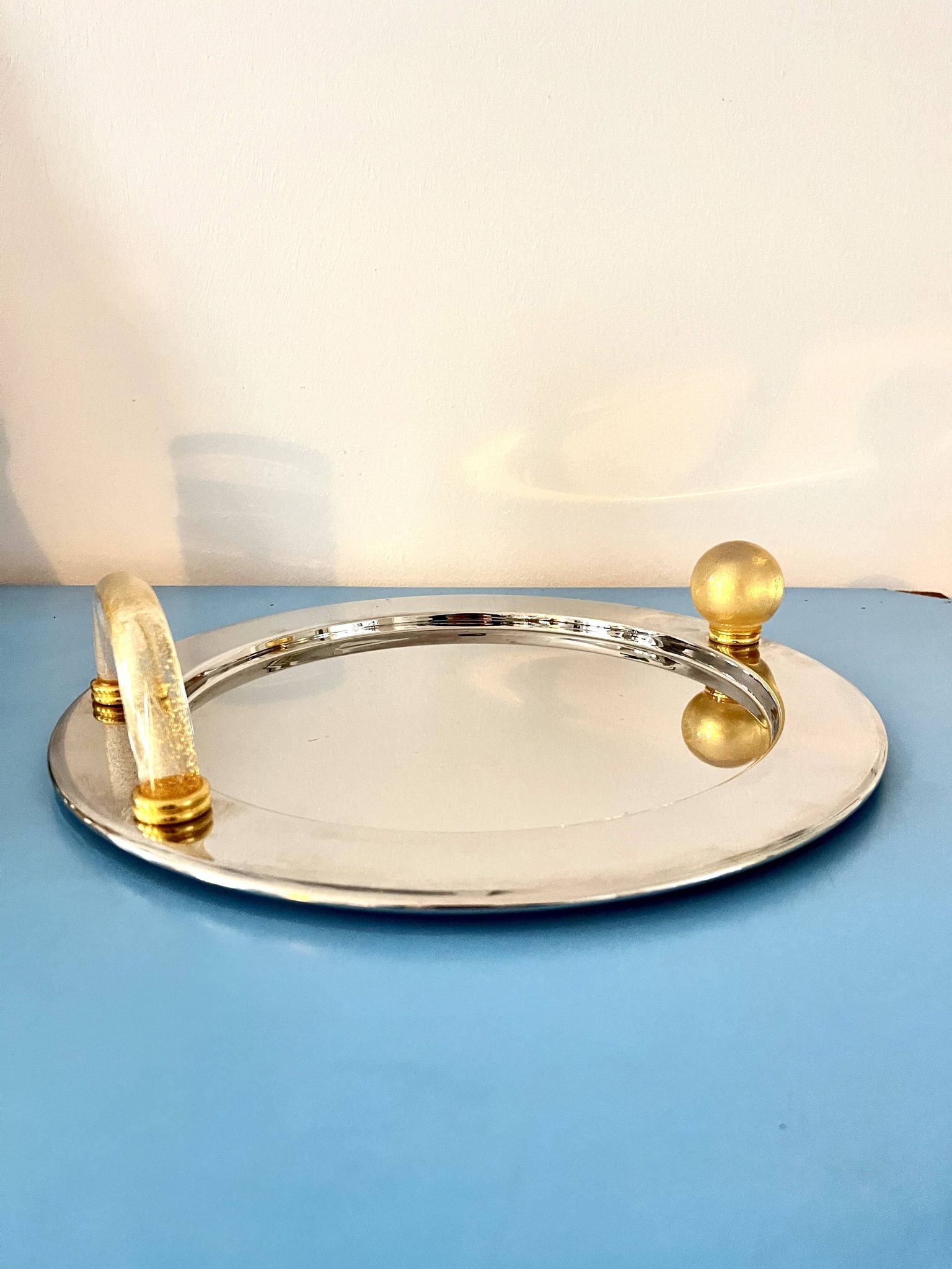 Vintage Palladium-Plated Serving Tray with Murano Glass Handles, Italy, 80s