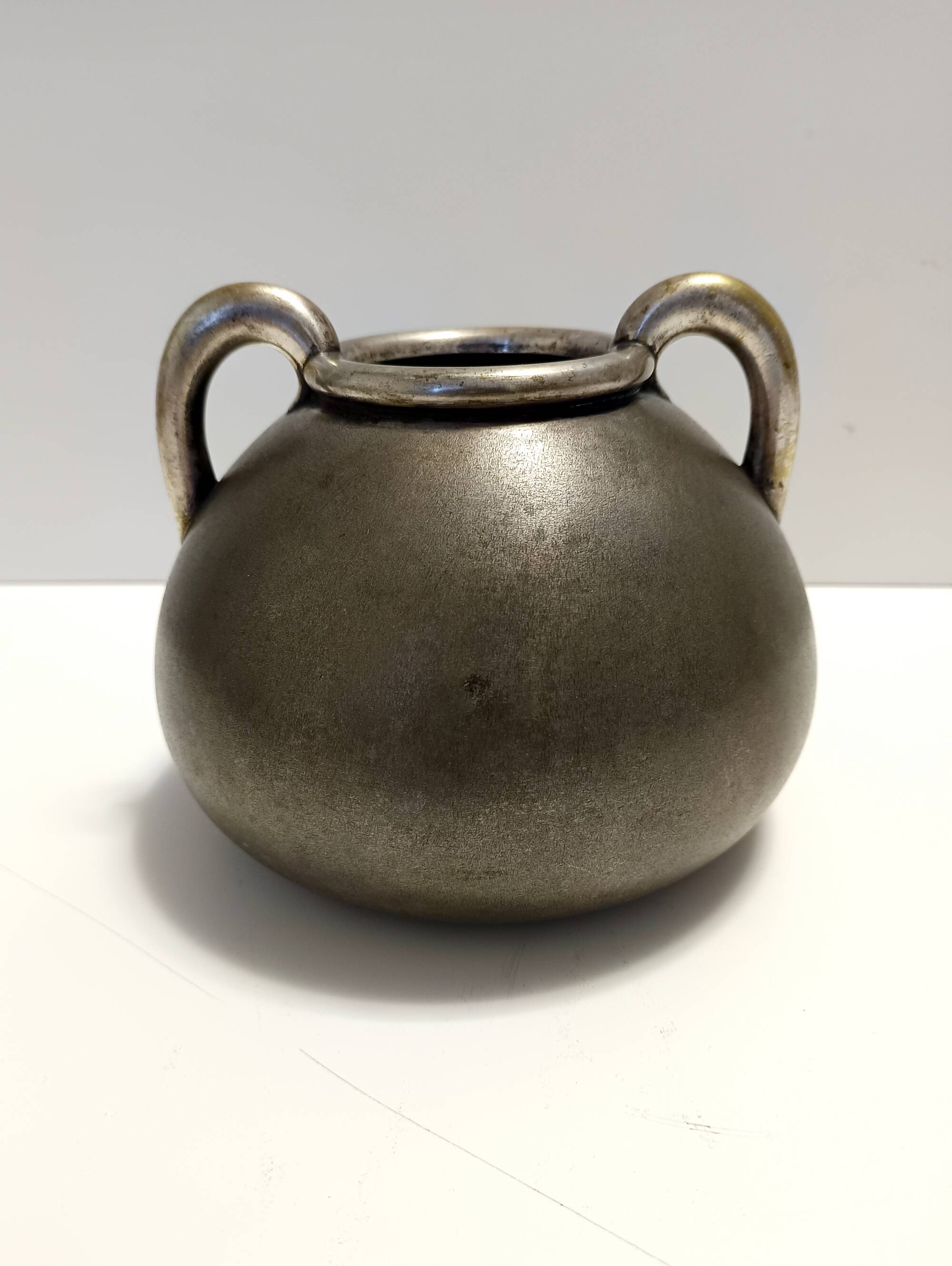 High-Quality Art Deco Burnished Silvered Brass Vase, Italy