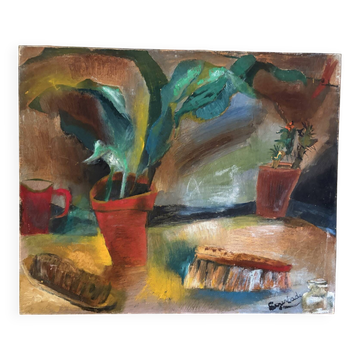 The repotting table, still life, oil on canvas.