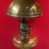 Old kerosene lamp Art Nouveau patinated spelter foot 47 cm height of the glass