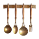 Brass and wood kitchen utensils with wall display, 60s