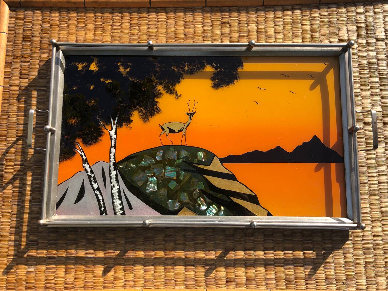 Art Deco tray in reverse painted glass