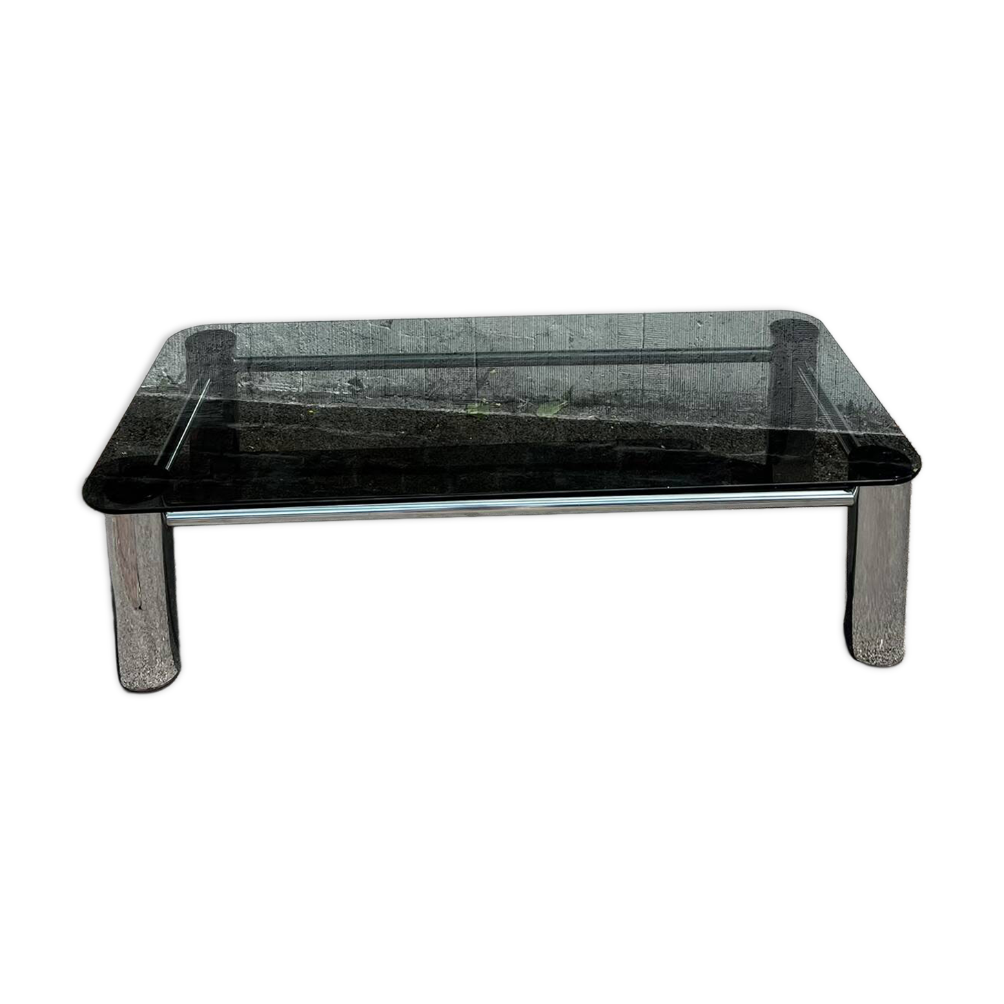Vintage coffee table with smoked glass and chrome.