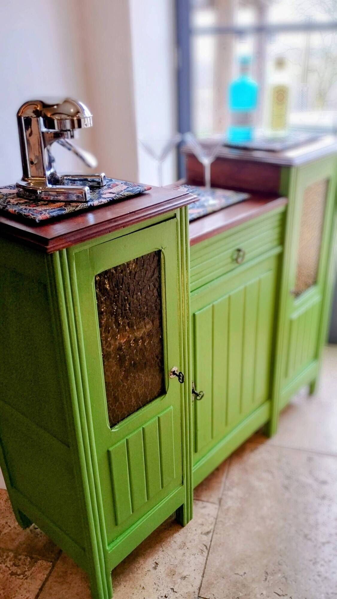 Art Deco Gin Buffet, painted in Farrow and Ball with a William Morris-inspired interior