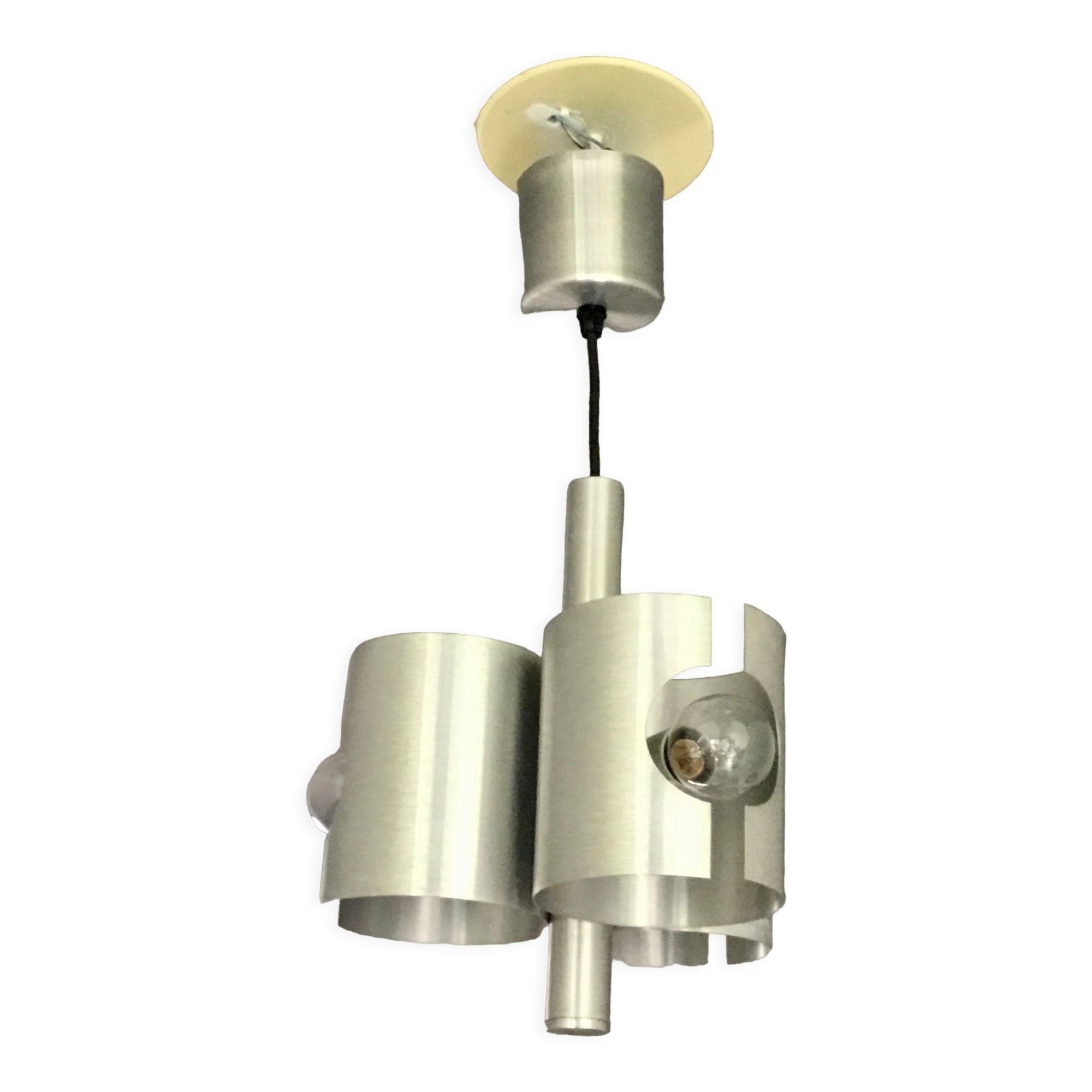 Space-age chandelier with 3 lights, brushed aluminium, 1970 design.