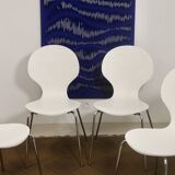 Set of 4 living room chairs in curved wood veneer and chrome base from the 70s.