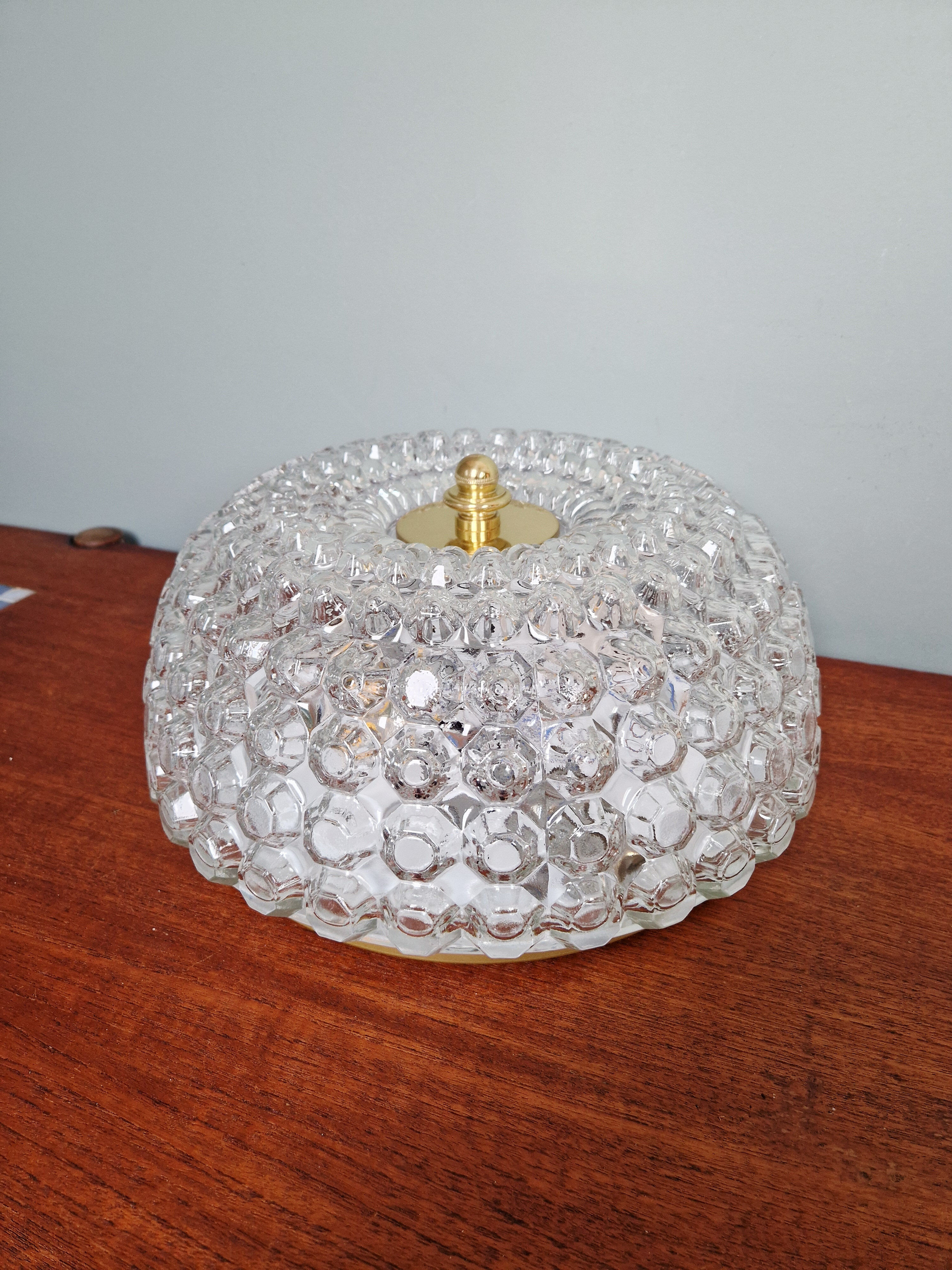 Large honeycomb glass ceiling light and brass, Glasshütte Limburg, 1970