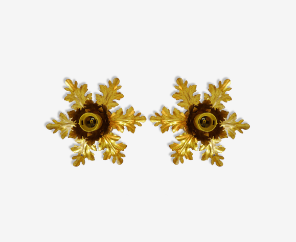 Paire d'appliques murales florentine vintage feuilles dorées. Année 70