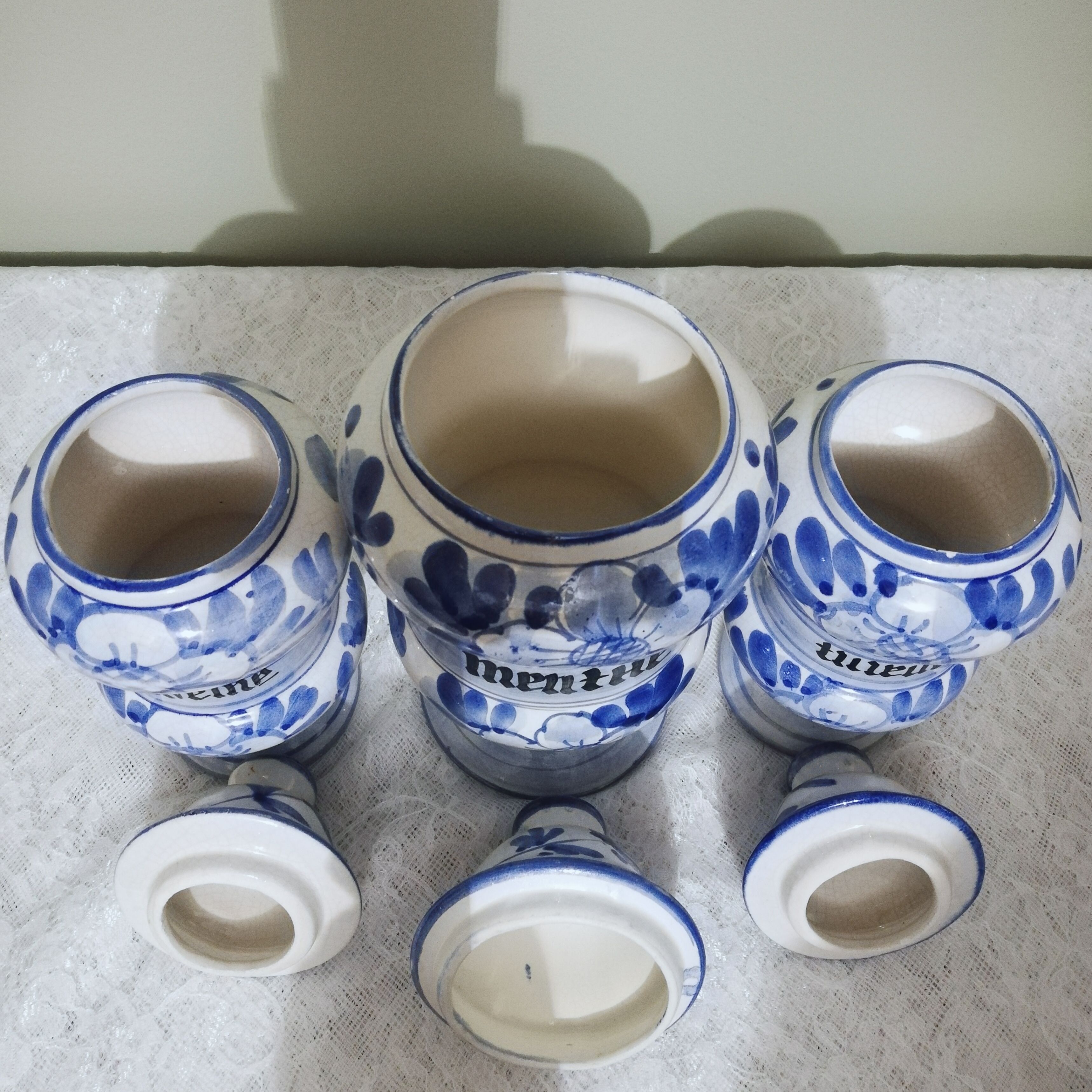 3 Delft style earthenware spice jars or apothecary pots