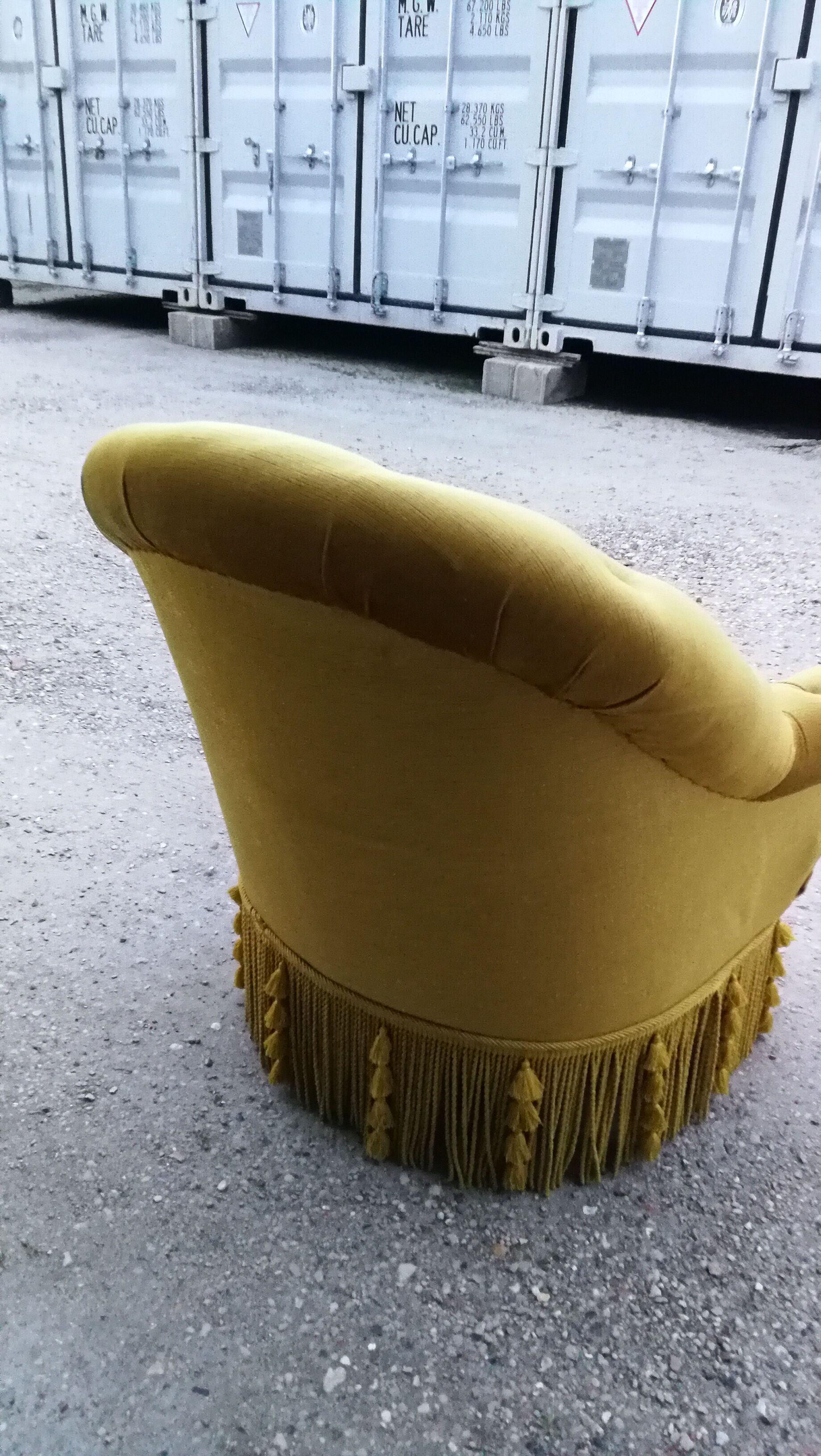 Toad padded velvet armchair, mustard fringe, 60 years