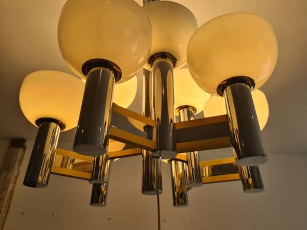Lustre vintage en laiton et chrome par Gaetano Sciolari pour Sciolari, Italie