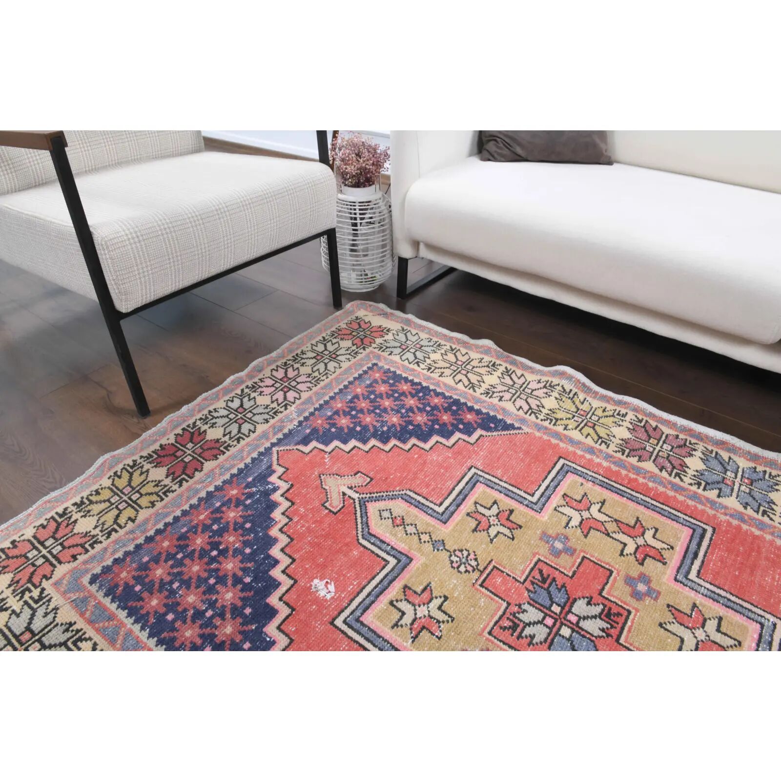 Vintage Turkish Oushak handmade wool cotton pink area rug 131x253