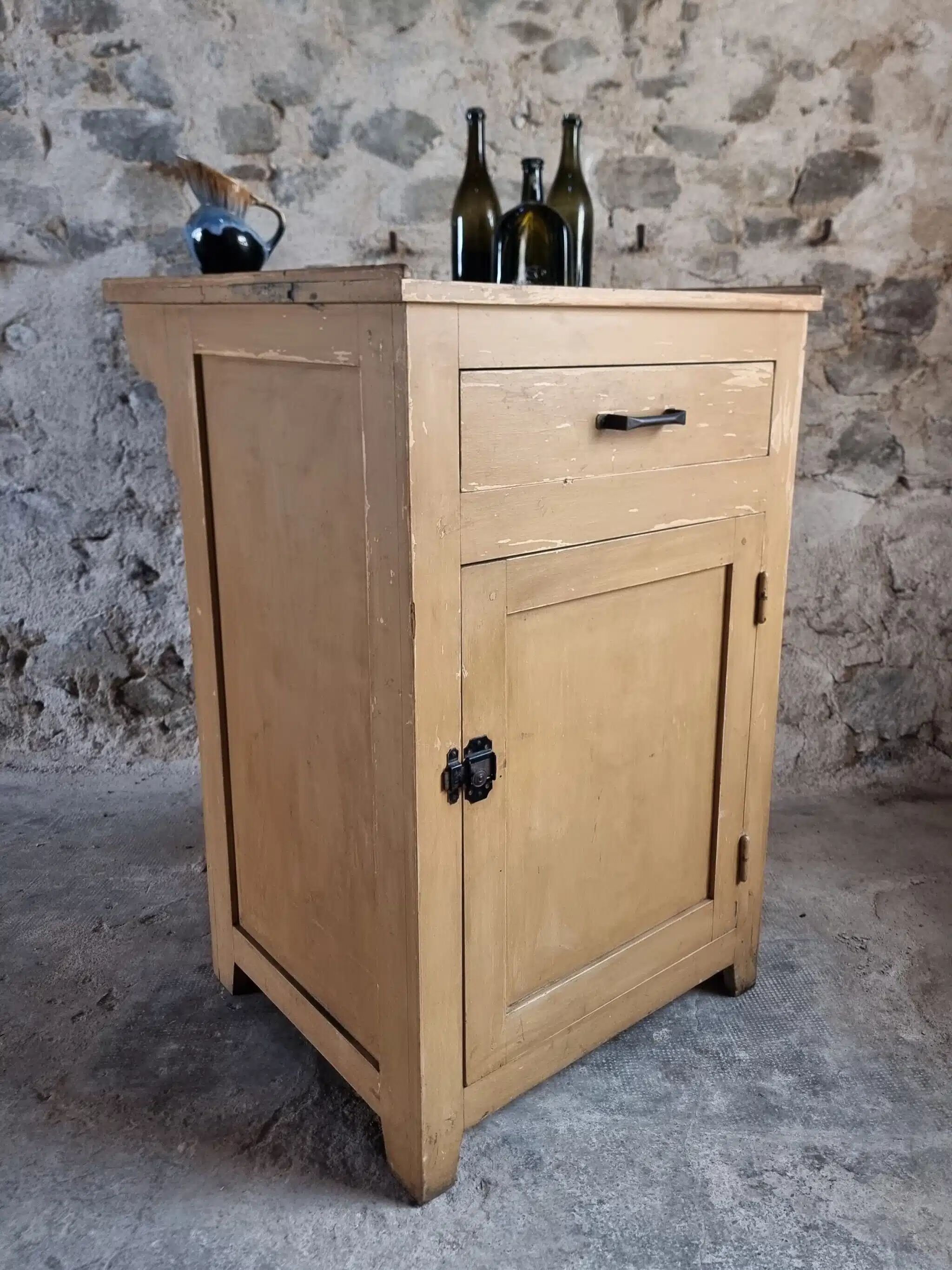 Vintage French Kitchen Work Cabinet - Rustic Painted Pine with Drawer and Cupboard (112 x 70 x 82 cm)
