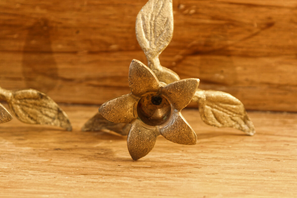 Pair of brass candle holders, flowers