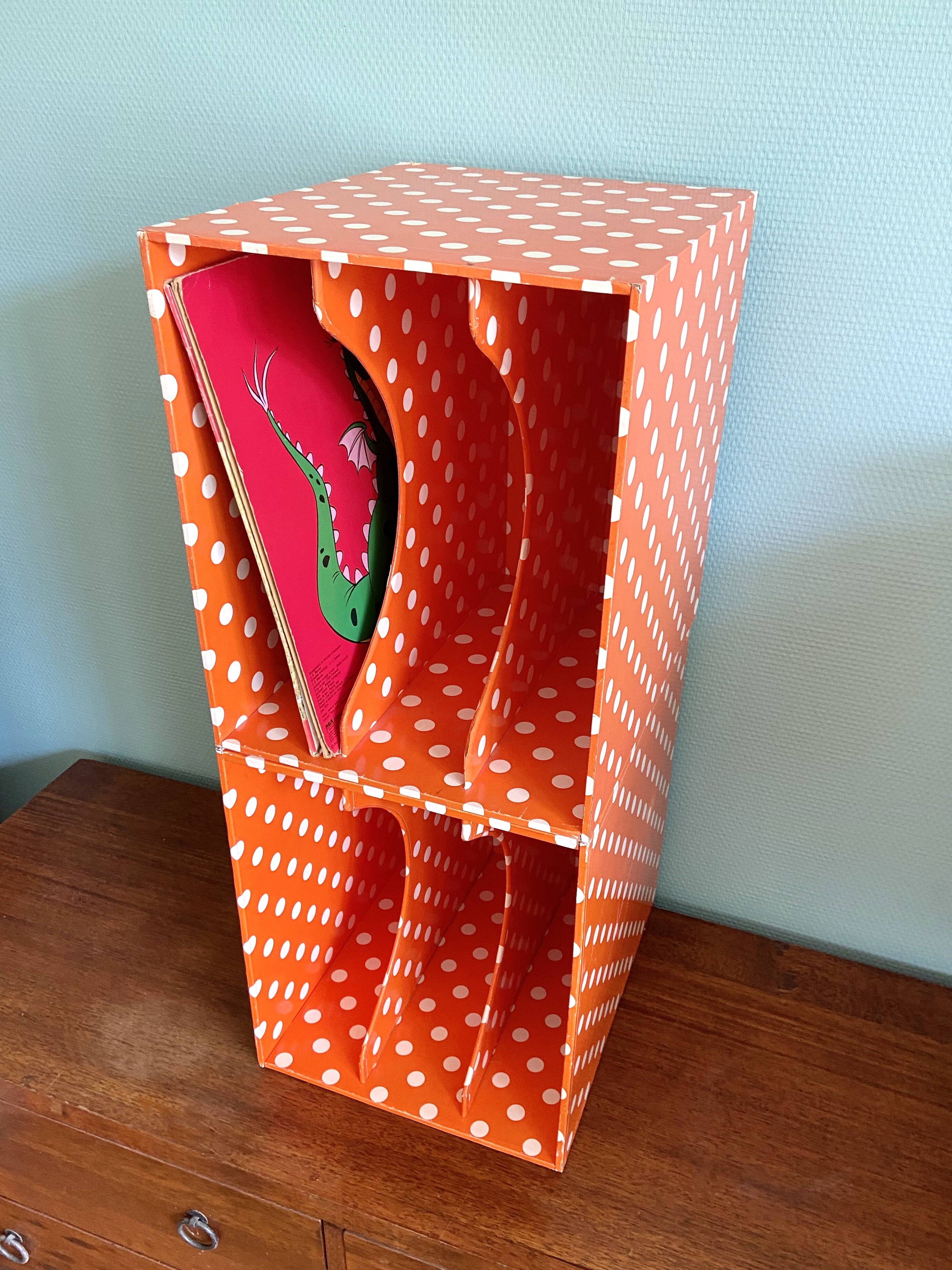 Vinyl storage cube - orange with white polka dots