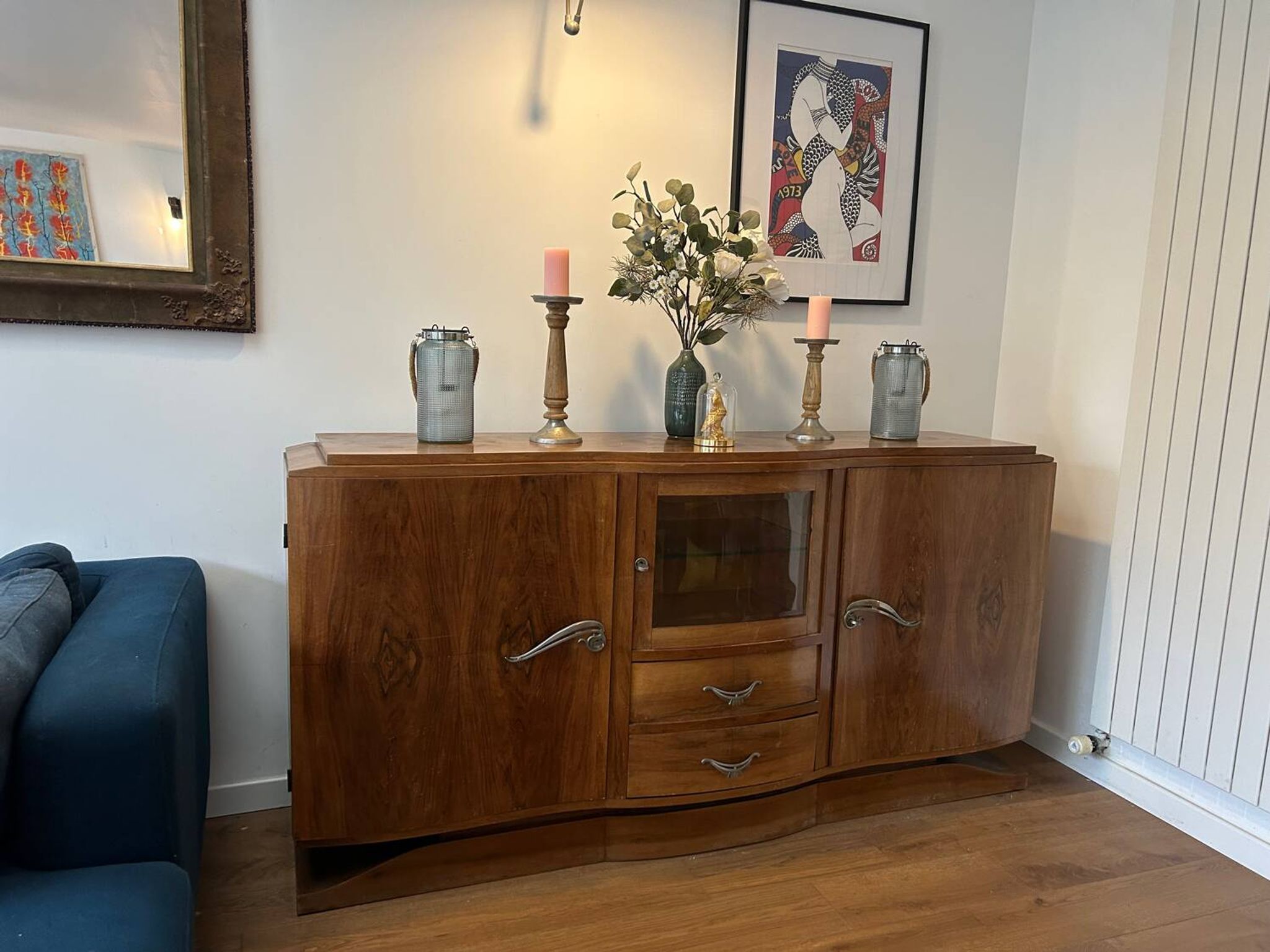 Art deco walnut grand buffet with display cabinet.