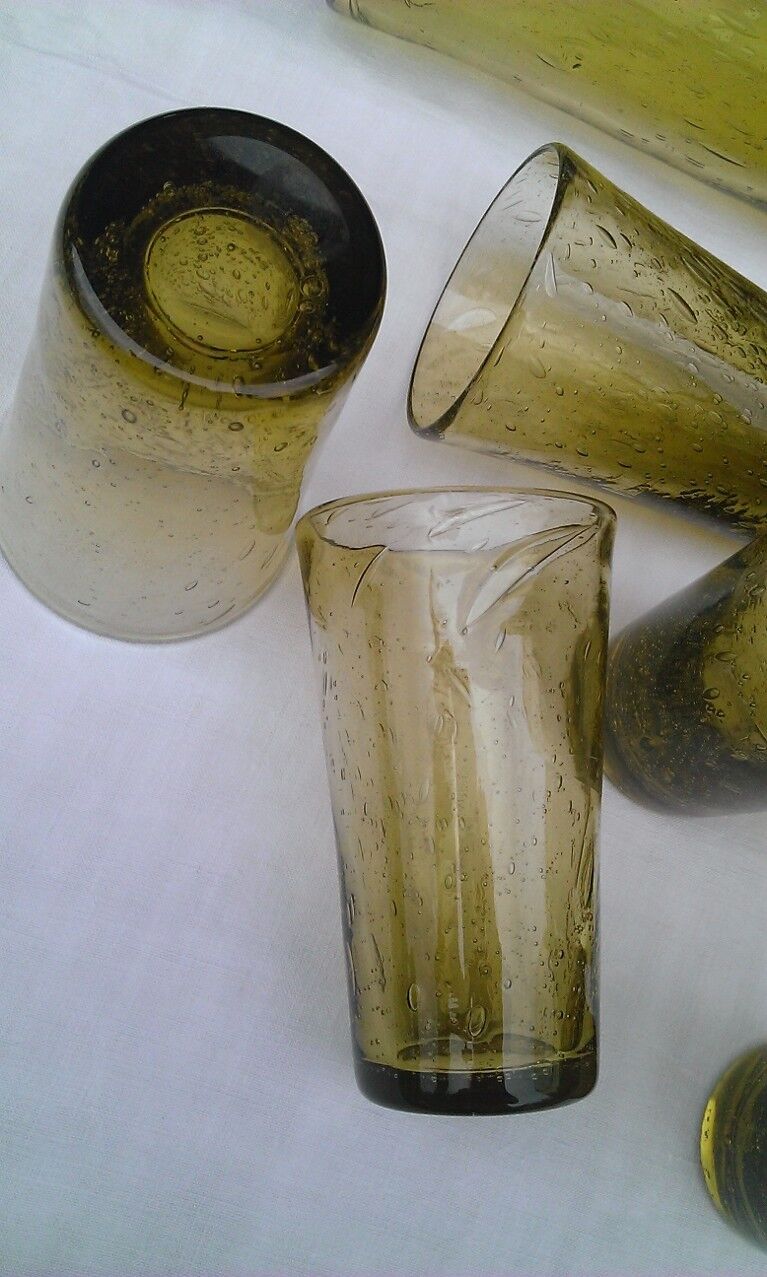 6 glasses and pitcher BIOT olive green bulled glass