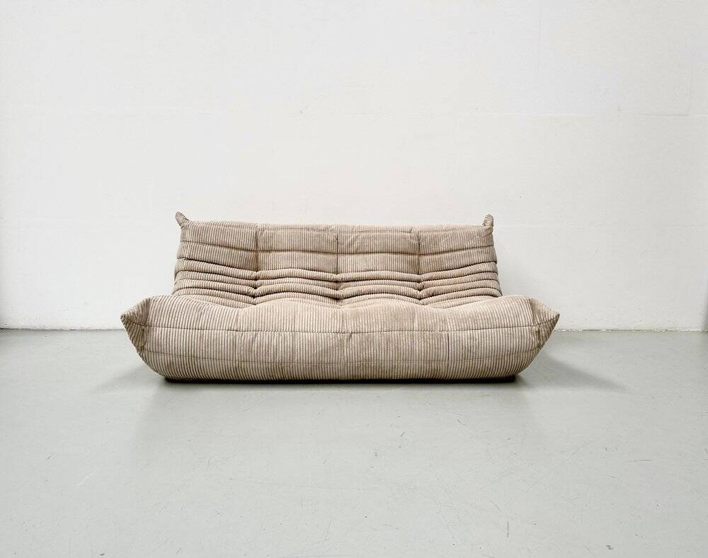 French Togo 3-seater sofa in beige corduroy attributed to Michel Ducaroy for Ligne Roset, 1970s