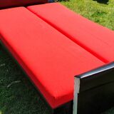 Vintage sofa 3 places convertible, red fabric and black skaï.1960s.