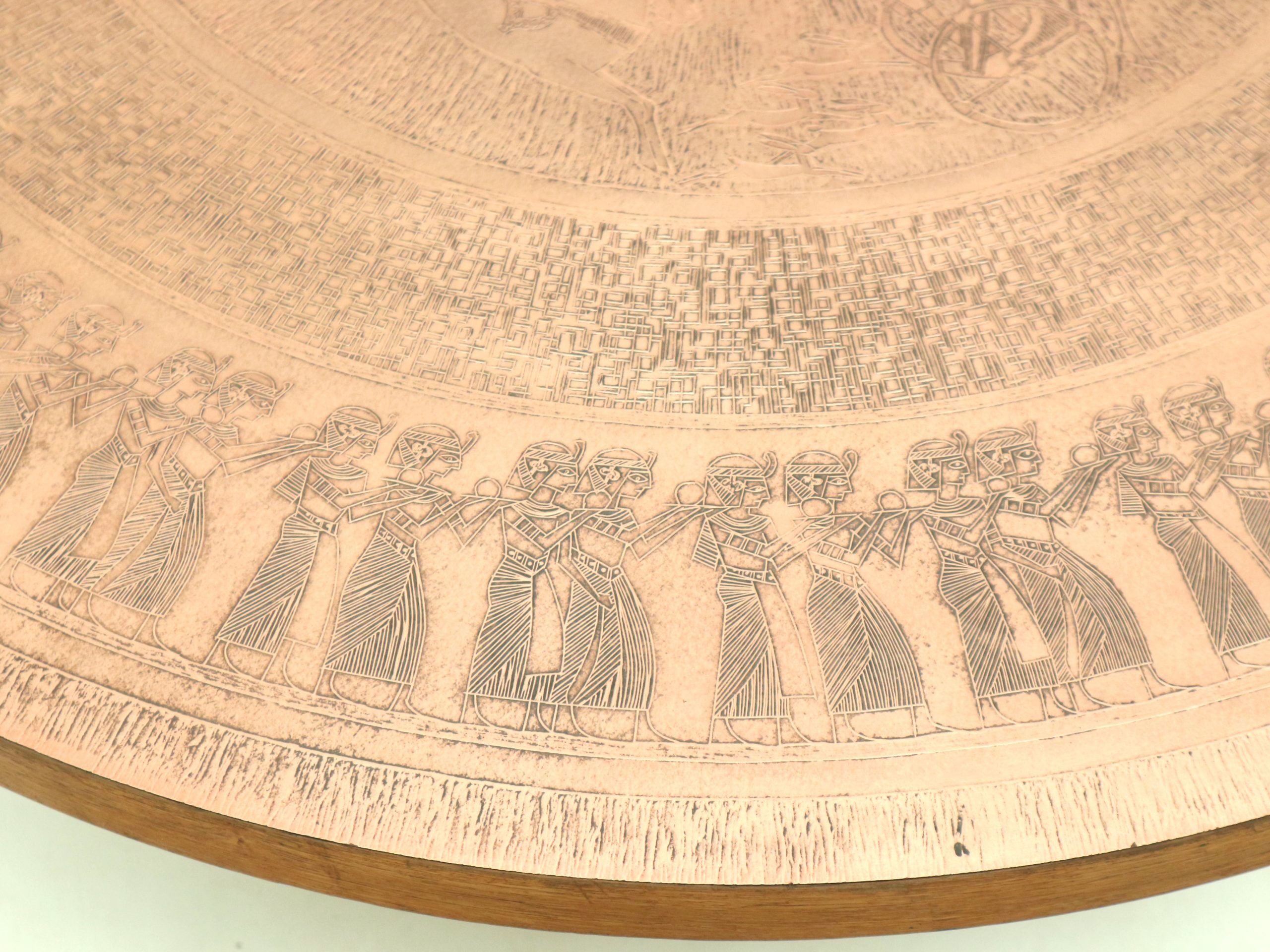 Round vintage brutalist coffee table by VAD Trævarefabrik with copper top