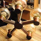 Scandinavian chandelier in mahogany wood and brass