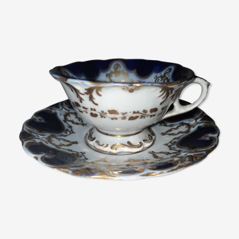 Tasse ancienne porcelaine allemande bleu et or