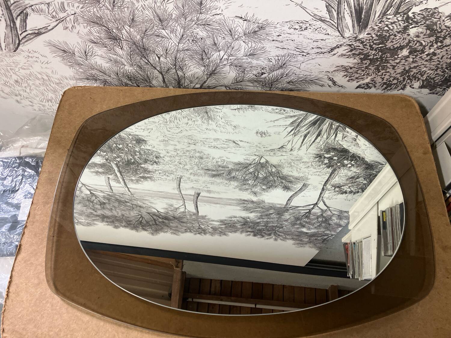 Vintage Luigi Fontana oval mirror smoked glass from the 70s