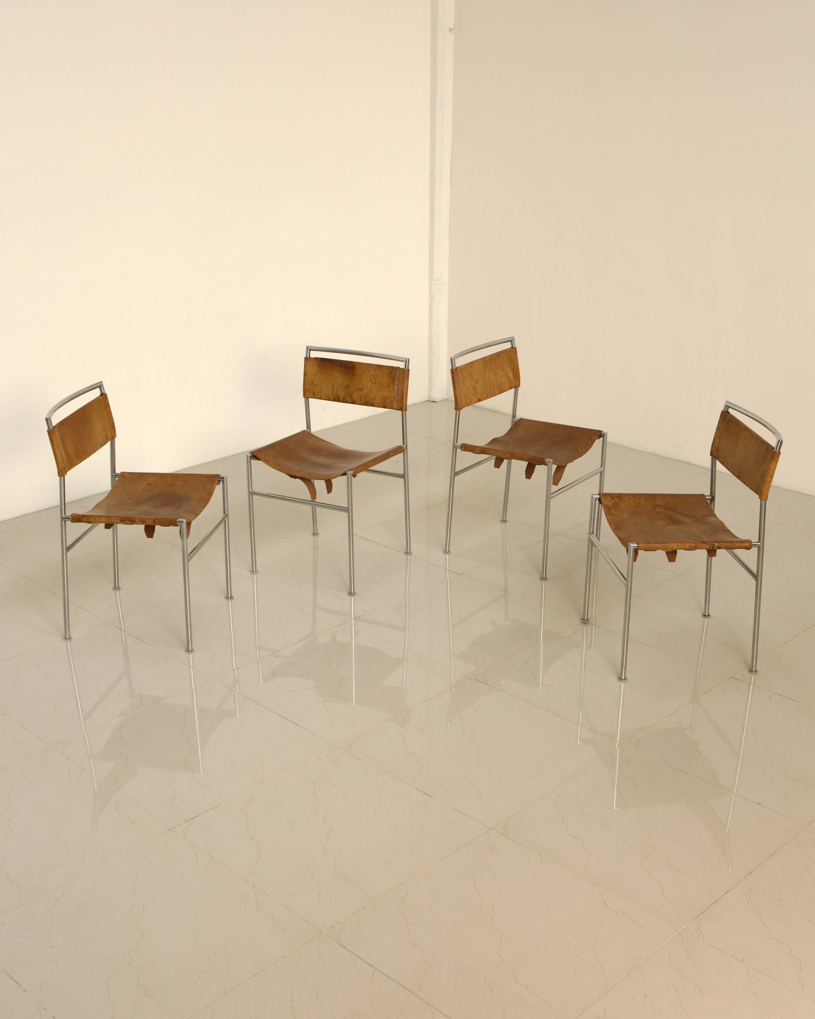 Set of 4 cognac leather chairs DLG Martin Visser 60's