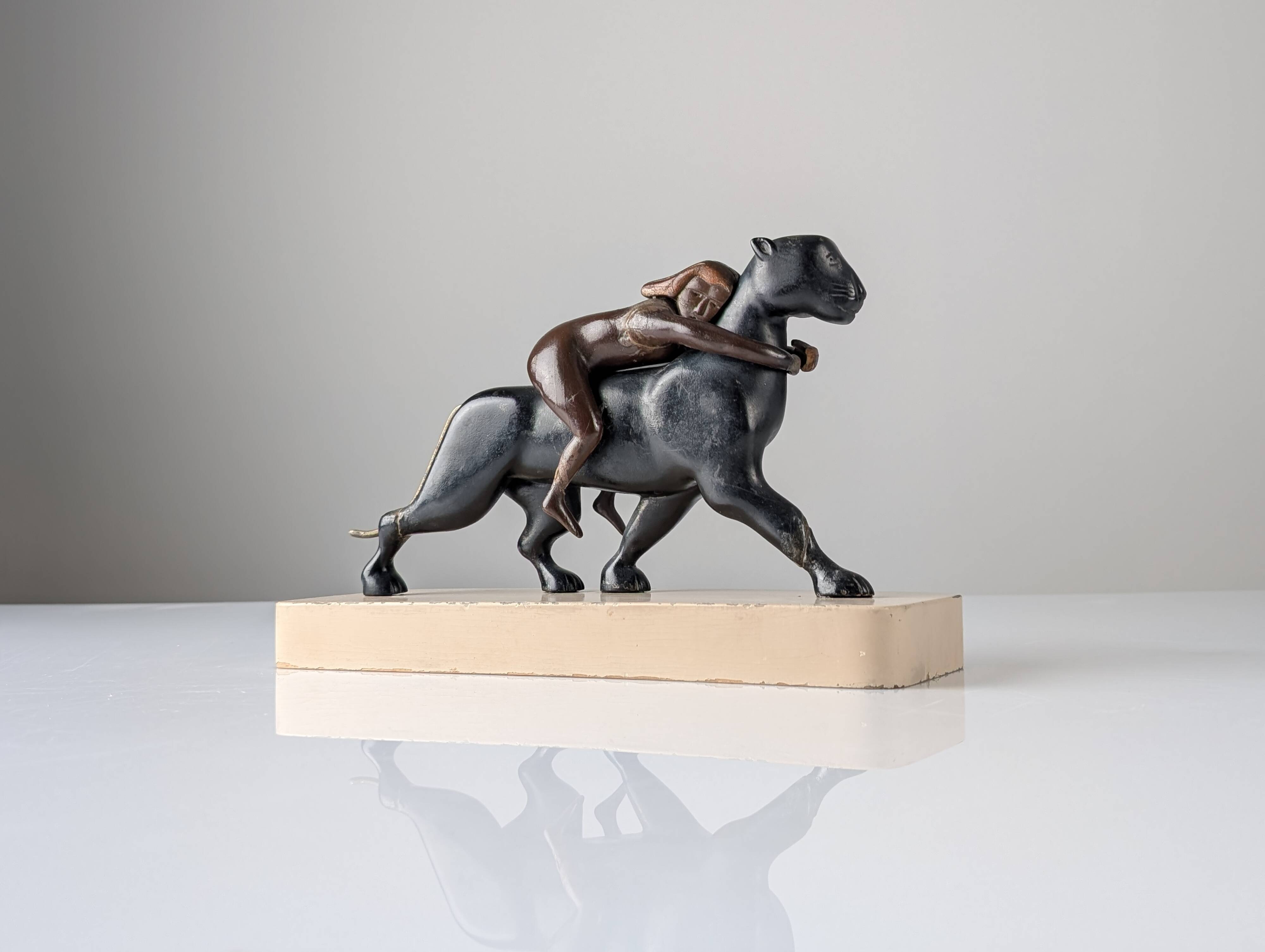 Ariadne and the Panther, Art Deco Sculpture in Wood and Brass, 1920s