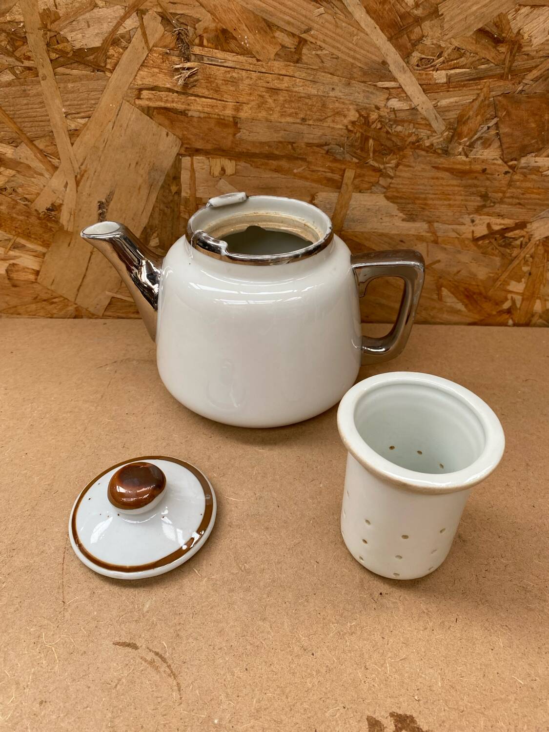 Antique aluminite teapot frugier white & silver ceramic vintage