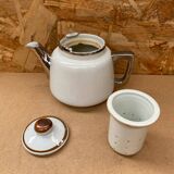 Antique aluminite teapot frugier white & silver ceramic vintage